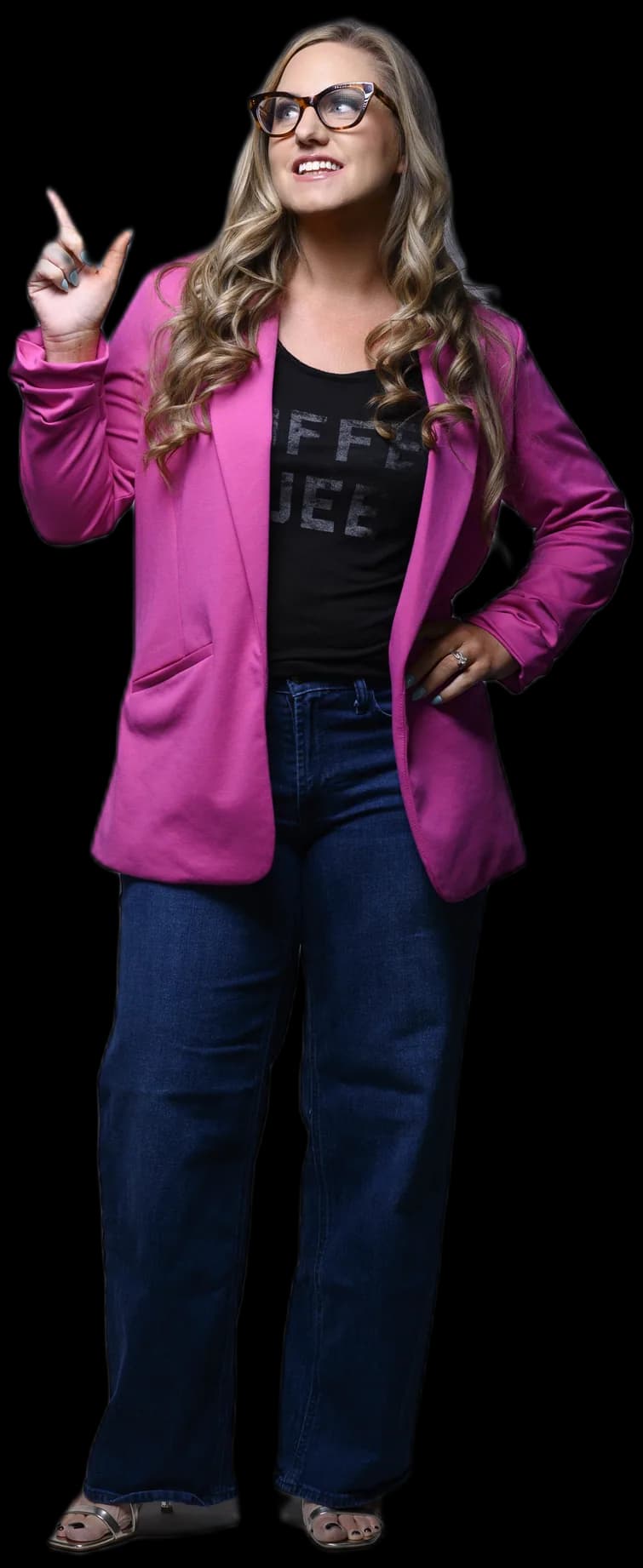 Jen Peterson, social media strategist, in a magenta blazer pointing up with a confident smile